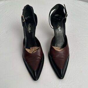 MaxMara brown and black two tone pointed toe leather ankle strap heel shoes